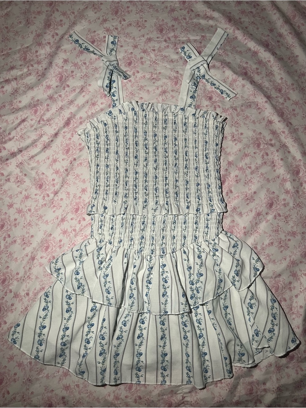 KIDS White and Blue Floral Striped Smocked Sundress